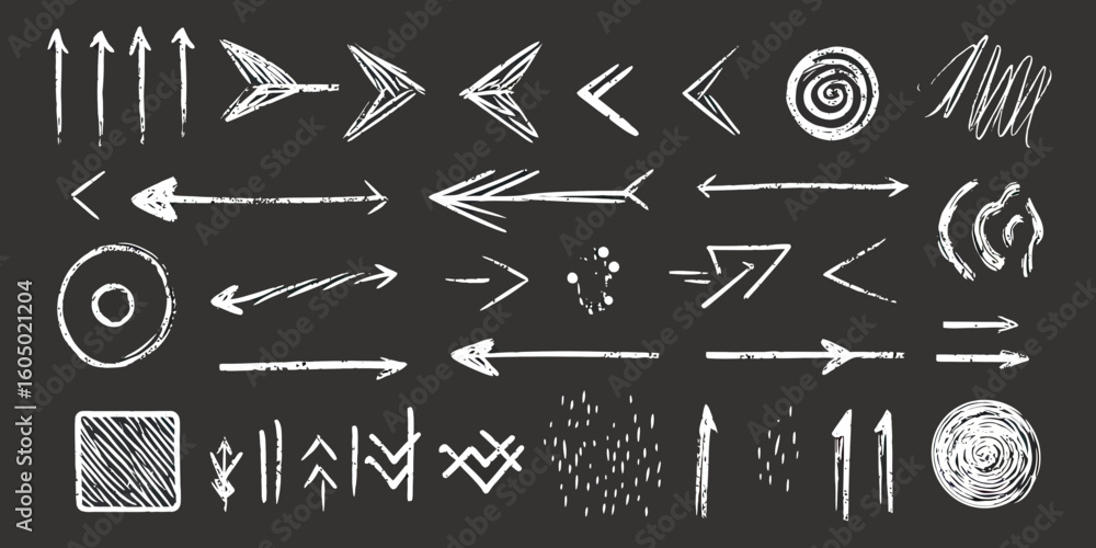 Aufkleber hand drawn chalk style arrows and abstract scribbles set with grunge texture in white on dark backgr