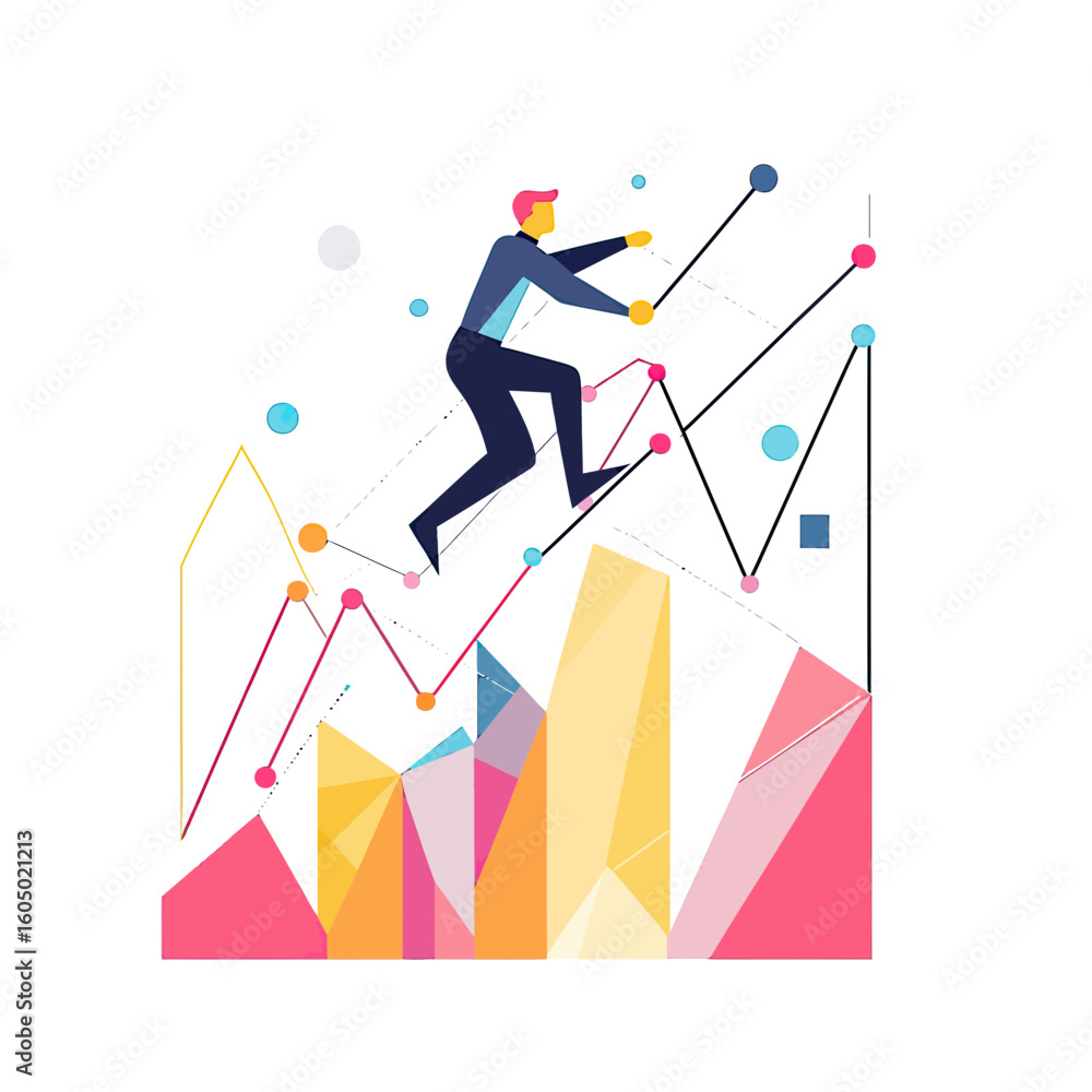 Poster abstract polygonal business person climbing colorful geometric growth charts with data points and li
