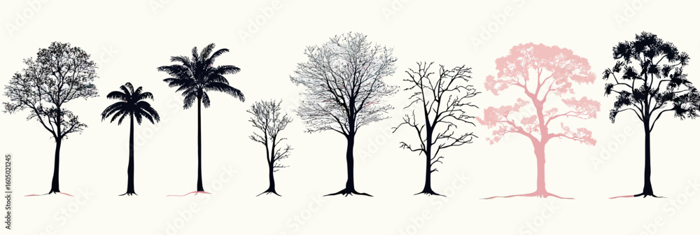 Poster silhouette vector set of diverse tree outlines including tropical palm and deciduous trees in minima