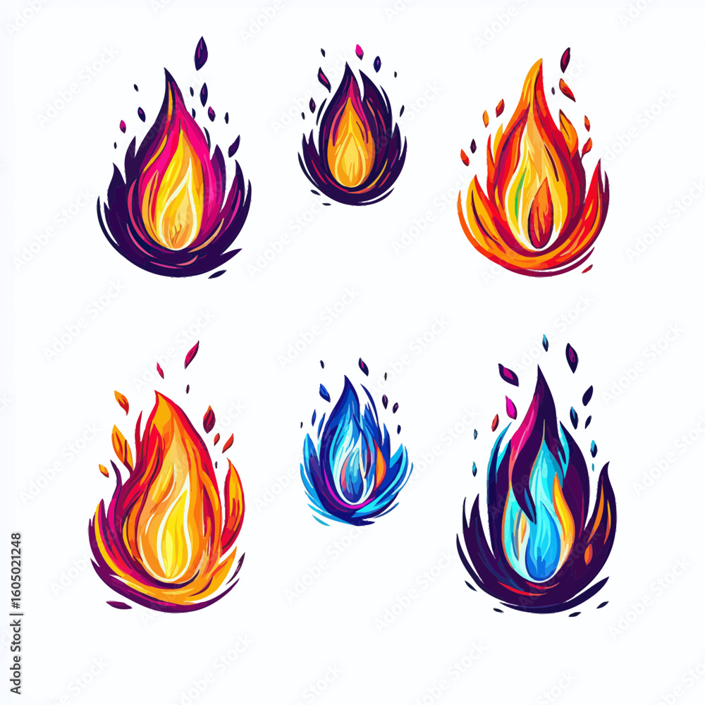 Poster set of colorful stylized fire flames icons with variations in warm and cool tones in flat minimalist