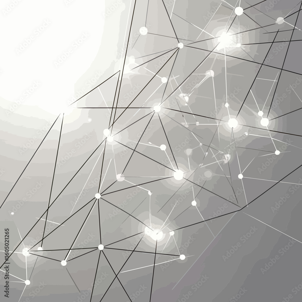 Poster abstract glowing network of interconnected dots and polygonal lines on light grey gradient backgroun