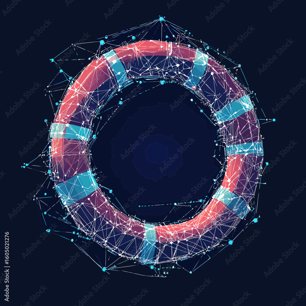 Poster abstract low poly lifebuoy with polygonal wireframe connections and digital network structure on dar