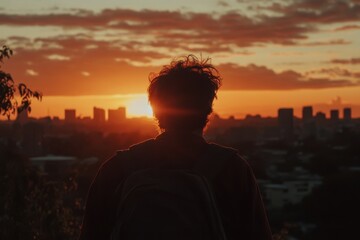 Fototapeta premium Witnessing a beautiful timelapse of sunrise over the city skyline with silhouette of a person, timelapse of a sunrise