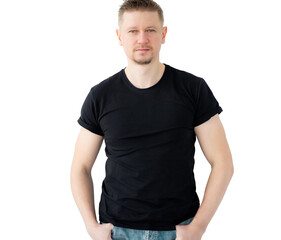 Handsome Man Poses In A Black Blank T-Shirt Isolated On A White Background