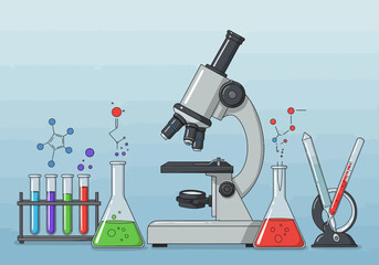 Detailed Illustration of a Compound Light Microscope with Erlenmeyer Flasks and Test Tubes.