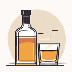 Minimalist vector illustration of whiskey bottle and glass with amber liquid on neutral background in flat design style for bar and drink concept