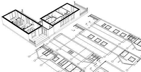  house architectural project sketch 3d illustration