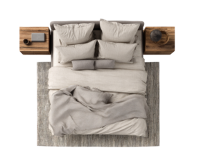 Overhead view of a bedroom with a bed, bedside tables, and a rug
