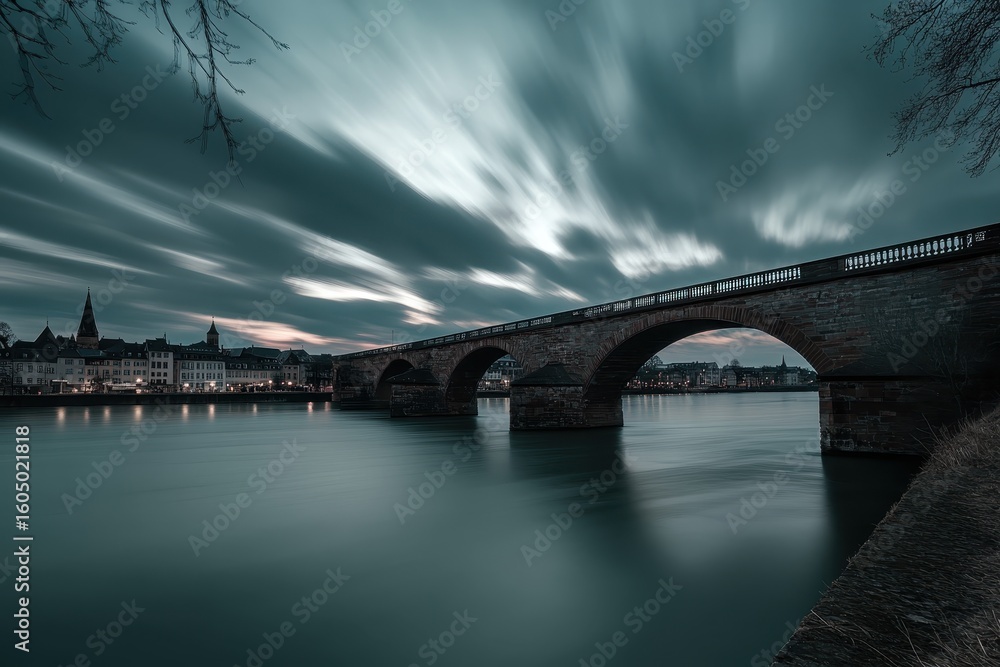 Poster timelapse of river flowing beneath old bridge with dynamic clouds at twilight, time-lapse of river n