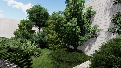 3d image of the landscape design of the home territory. Landscaping of the territory. Computer visualization of composite landscaping and landscaping solutions.
