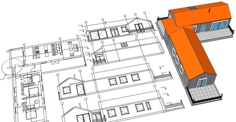  house architectural project sketch 3d illustration