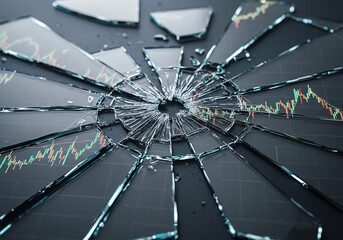 Shattered glass with stock market graph on black background