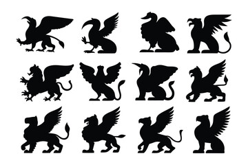 Collection of silhouetted mythical sea serpent and dragon creatures with varied head and body poses