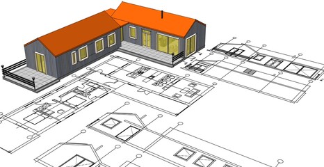  house architectural project sketch 3d illustration