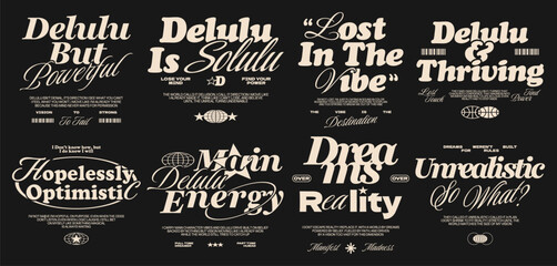 Dreamcore vaporwave streetwear quote for t-shirt & print. Minimal urban typography streetwear design set, Inspiring quotes vector. Bold streetwear graphic tee for print, Motivational quotes design set