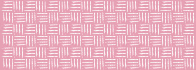 Seamless pink geometric pattern with hand-drawn white brush stroke grid design. Ideal for textile, wallpaper, and packaging projects. Modern abstract background with a soft artistic feel.