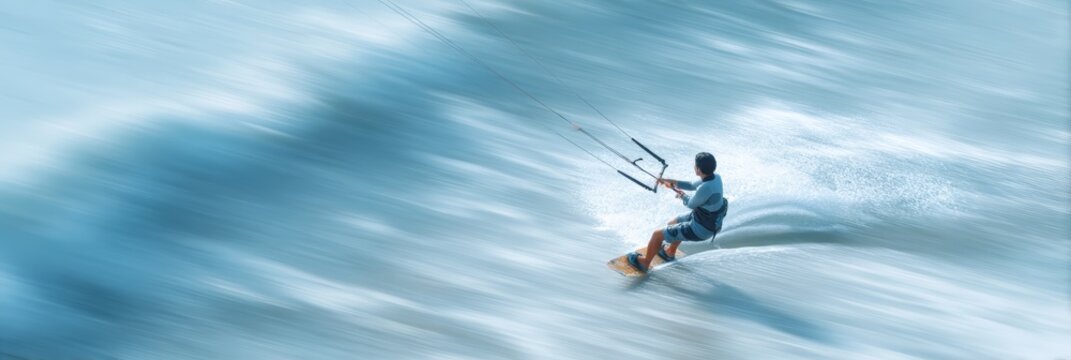Professional kitesurfer skillfully navigating the waves on a breezy day, showcasing dynamic motion with a blur effect that captures the excitement and adrenaline of the sport