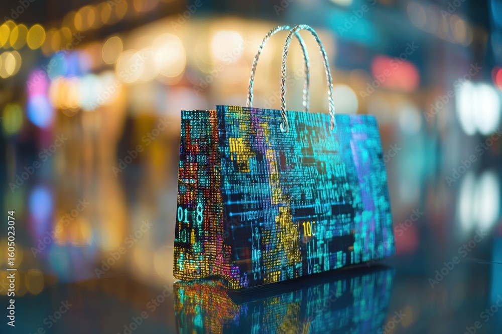 Poster data processing concept illustrated with a colorful shopping bag in a modern setting, data processin
