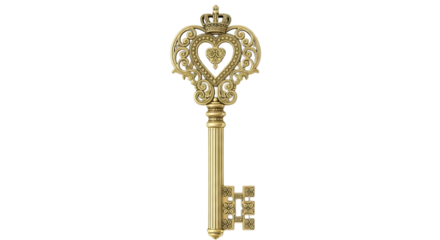 An ornate golden antique key with a heart and crown isolated on transparent background