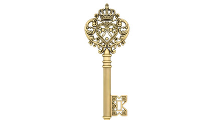 An ornate golden key with a heart and crown design on white isolated on transparent background