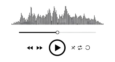 A simple audio player interface with waveform and controls isolated on transparent background