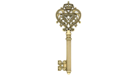 A golden ornate key with a heart and crown design on white isolated on transparent background