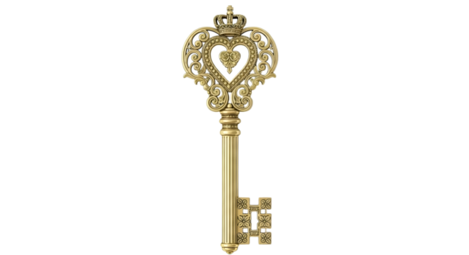 An ornate golden antique key with a heart and crown isolated on transparent background