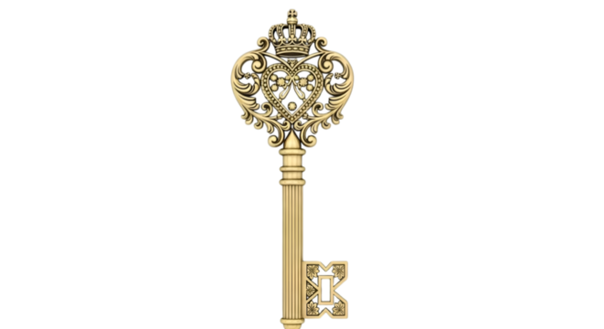 An ornate golden key with a heart and crown design on white isolated on transparent background