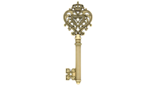 A golden ornate key with a heart and crown design on white isolated on transparent background