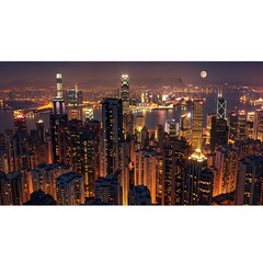 Hong Kong cityscape at night illuminated by lights.