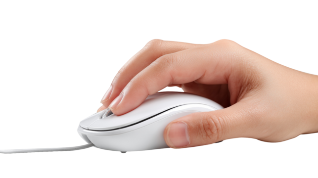 Hand clicking on computer mouse isolated on white background