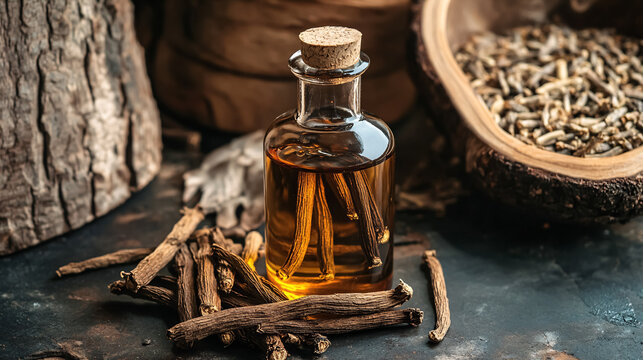 A bottle of licorice root extract alongside fresh licorice roots.