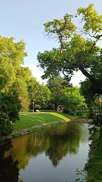 Baden-Baden, Germany - September 2d 2024: River Oos in a central park, huge trees and green grass