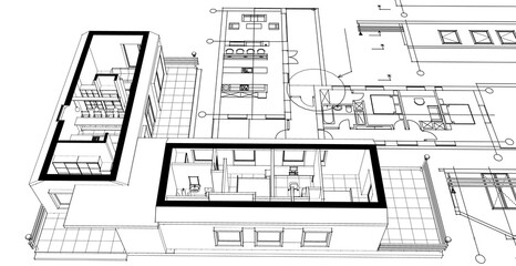  house architectural project sketch 3d illustration