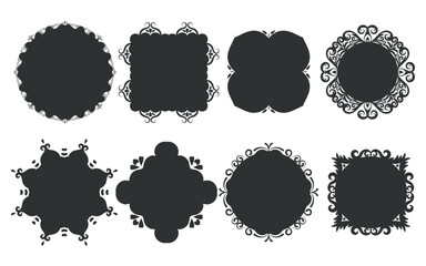 Set of black silhouette frames in various shapes. Rounded and square frames with decorative swirls for vintage design, invitations, announcements