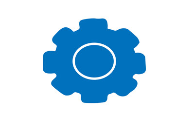 The image shows a solid blue gear icon with a white circular center, set against a white background. The gear has evenly spaced rounded teeth, giving it a smooth, modern appearance. 