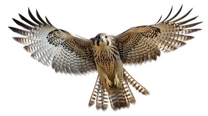 A striking falcon in mid flight with wings fully extended showcasing its impressive wingspan and plumage isolated with white background