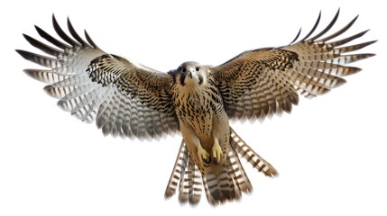 A striking falcon in mid flight with wings fully extended showcasing its impressive wingspan and plumage isolated with white background
