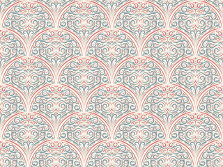 seamless pattern fwith shell haped elements and swirls. Damask ornate background for wallpaper, textiles, stationery in Art Nouveau style