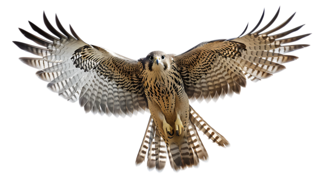 A striking falcon in mid flight with wings fully extended showcasing its impressive wingspan and plumage isolated with white background