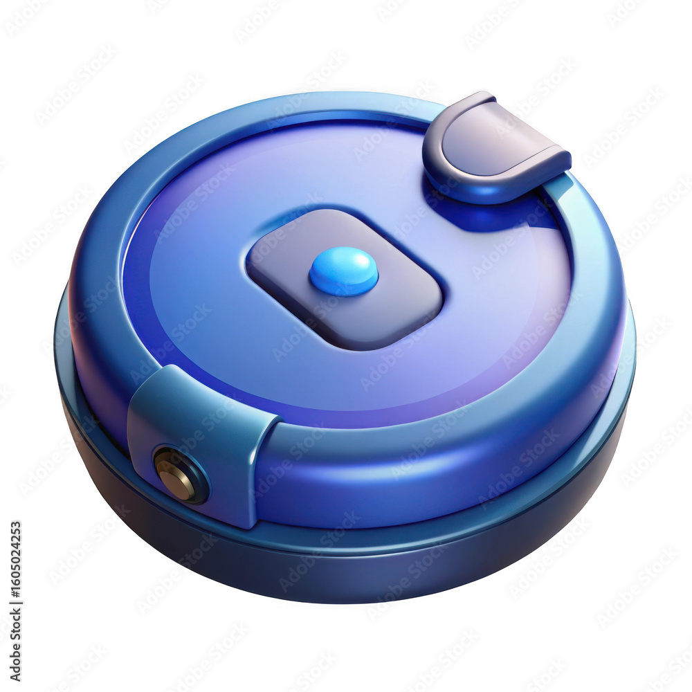 Poster stylized blue circular device with a button and latch isolated on transparent background