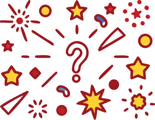 Red yellow and blue graphic elements with question mark and stars abstract background