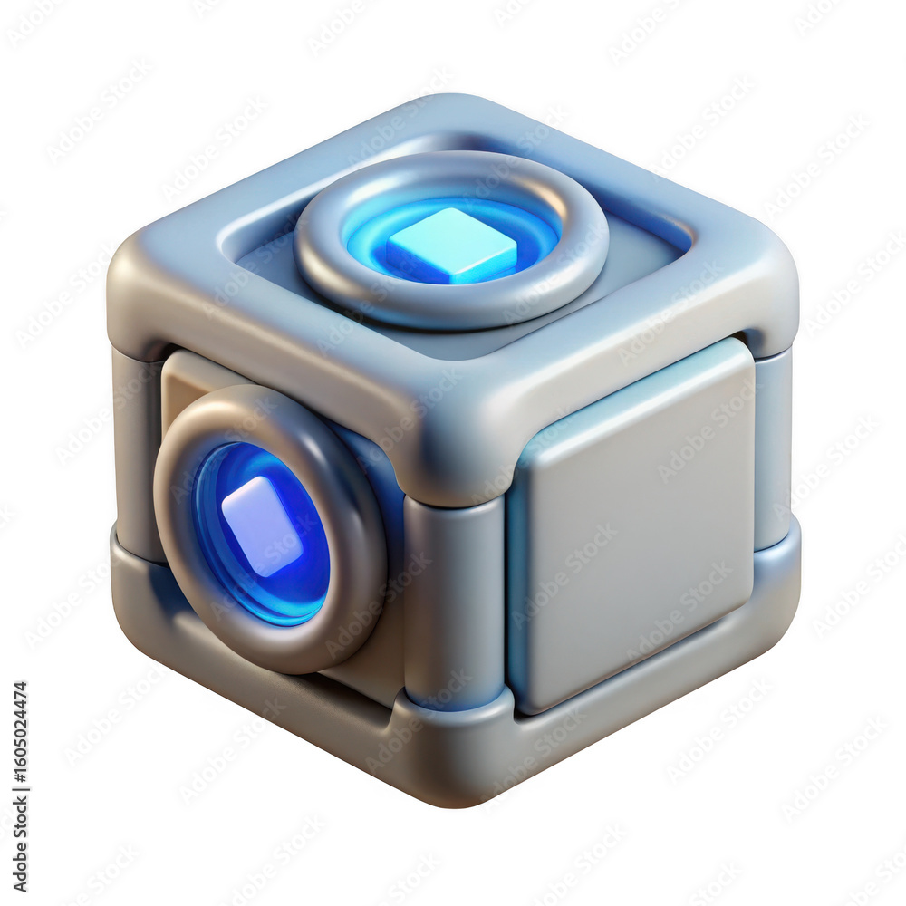 Poster futuristic sci fi cube with glowing blue core isolated on transparent background