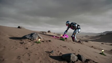 A humanoid robot planting glowing flowers in the desert, dystopian surreal scene, muted palette - Powered by Adobe