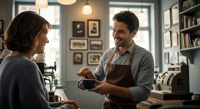 Friendly Barista Hands Customer Coffee Payment Using Contactless Mobile Phone Technology Service Transaction
