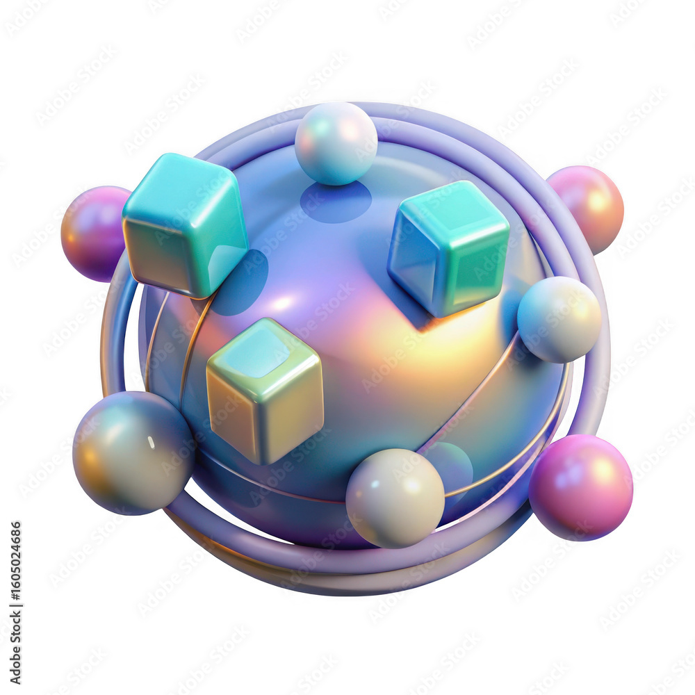 Poster abstract 3d geometric composition with iridescent sphere and cubes isolated on transparent backgroun
