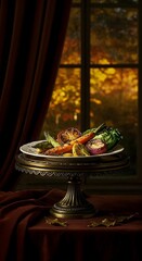 Naklejka premium Gilded roasted autumn veggie still life with chiaroscuro glow and velvet drapes — regal, painterly setup perfect for editorial or seasonal content.