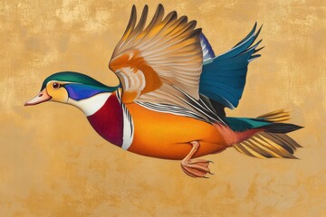 Fototapeta premium Vibrant mandarin duck in flight showcasing stunning plumage and graceful wings, Mandarin duck (Aix galericulata)