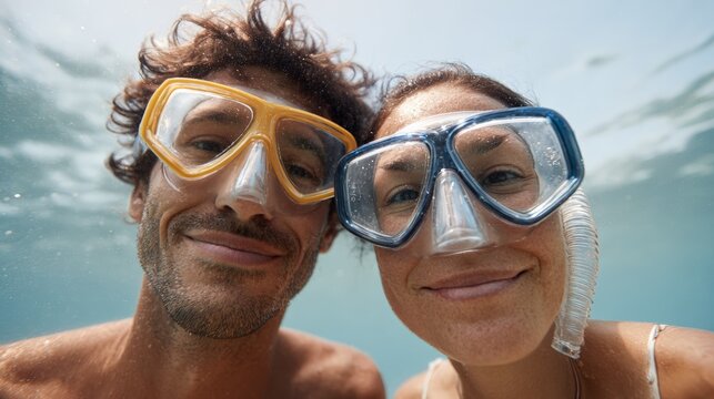 Happy couple wearing snorkeling masks enjoying their vacation, exploring the underwater world on a sunny day, capturing a selfie while swimming in the ocean