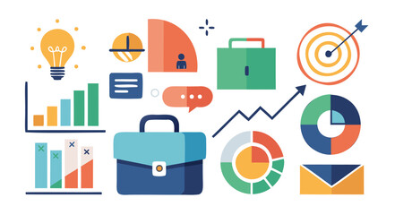 Set of 8 Business Icons – Flat Vector Style on White Background